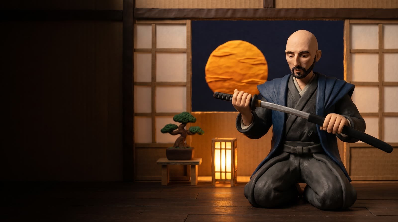 Paco en plastilina, de samurái, revisando su katana