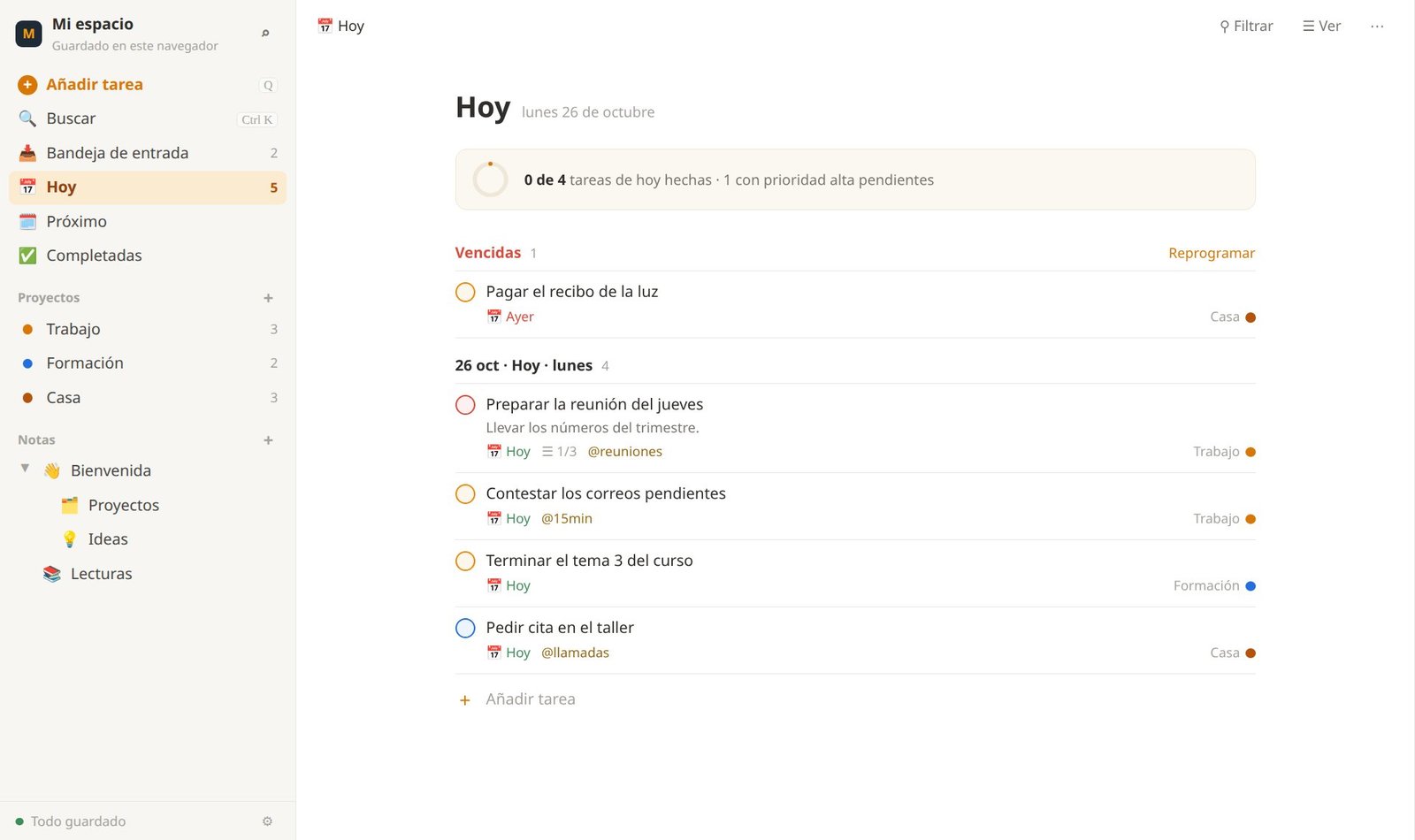La base gratis «Mesa»: vista Hoy con tareas, proyectos y notas